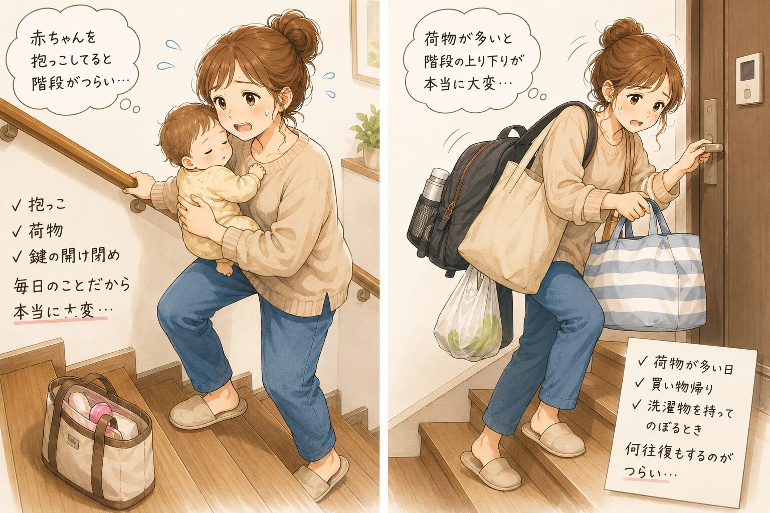 赤ちゃんを抱っこしながら階段を上るママと、荷物を持って階段を上る様子