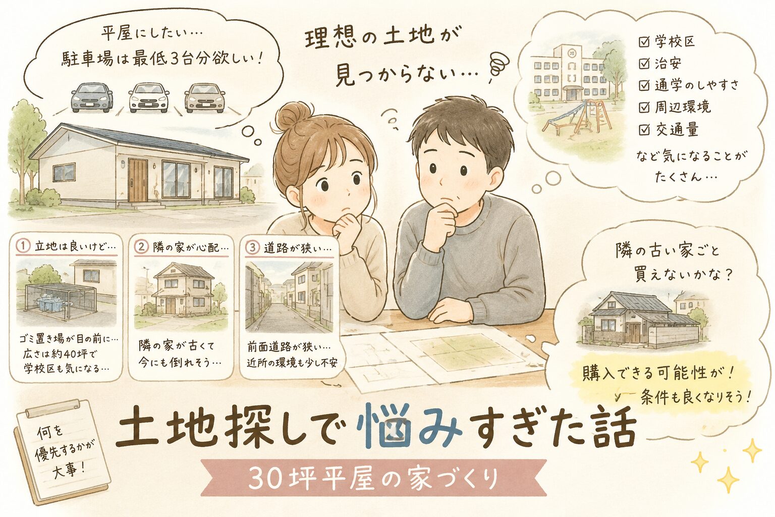 平屋を建てるための土地探しに悩む子育て世代の夫婦を描いた、やさしい手描き風イラスト