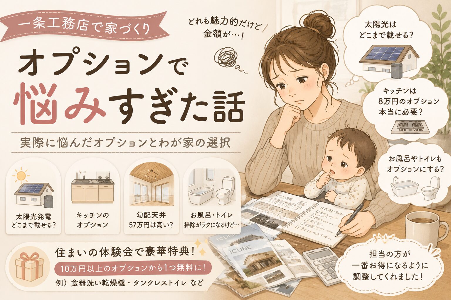 一条工務店のオプション選びに悩む子育て中の夫婦を描いた、手描き風のやさしいアイキャッチイラスト