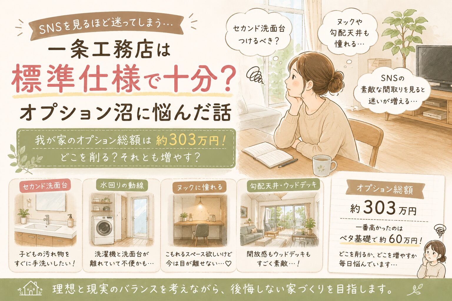 一条工務店のオプション選びに悩む子育て夫婦を描いた、ナチュラルな手描き風アイキャッチイラスト
