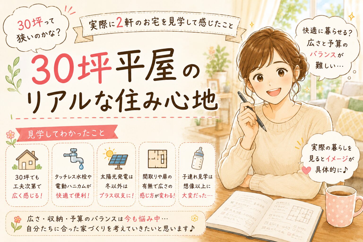 30坪平屋の施工主宅を見学し、間取りや広さを参考にしている女性のイラスト