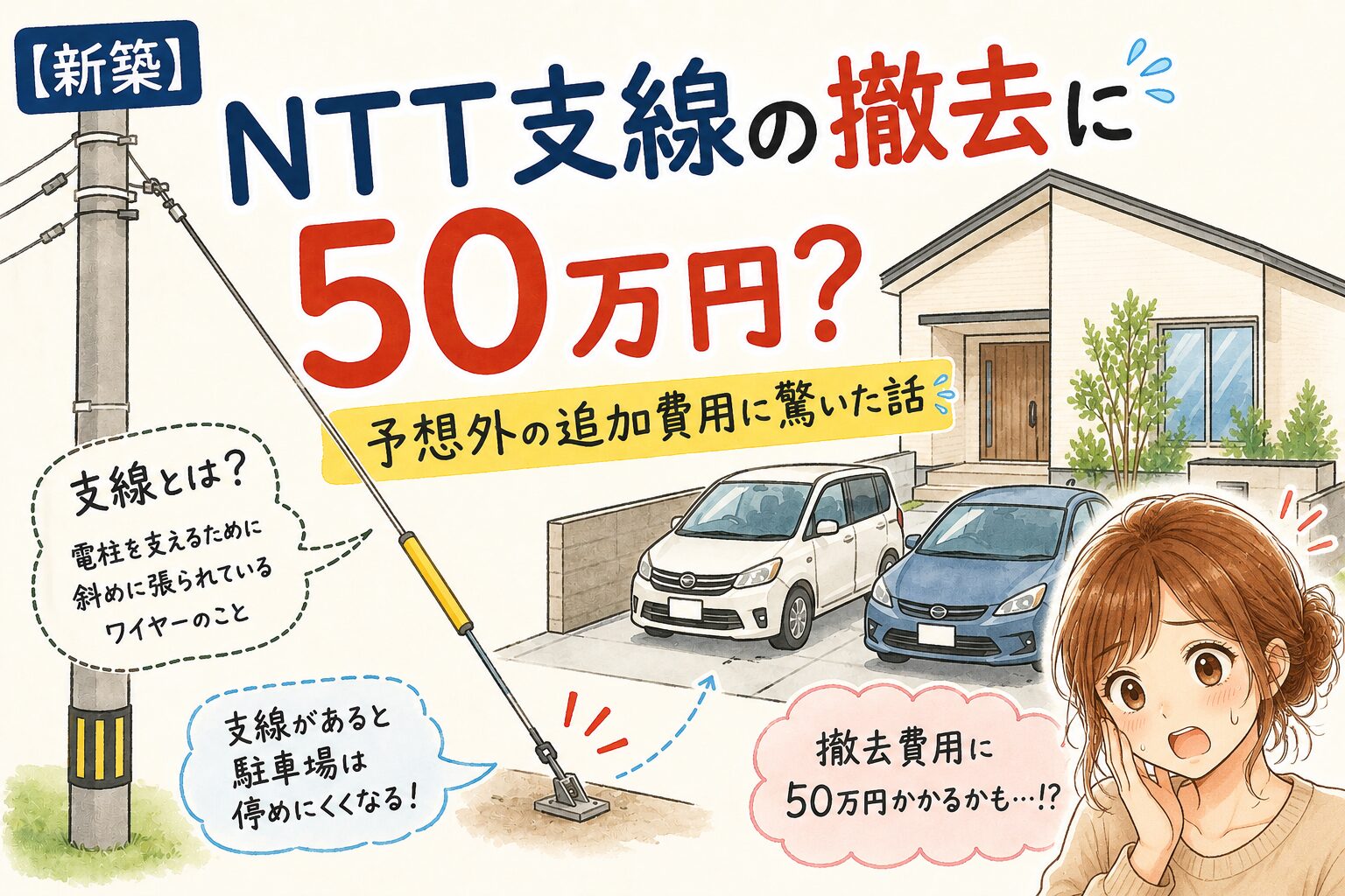 NTT支線の撤去費用50万円と聞いて驚く女性のイラスト