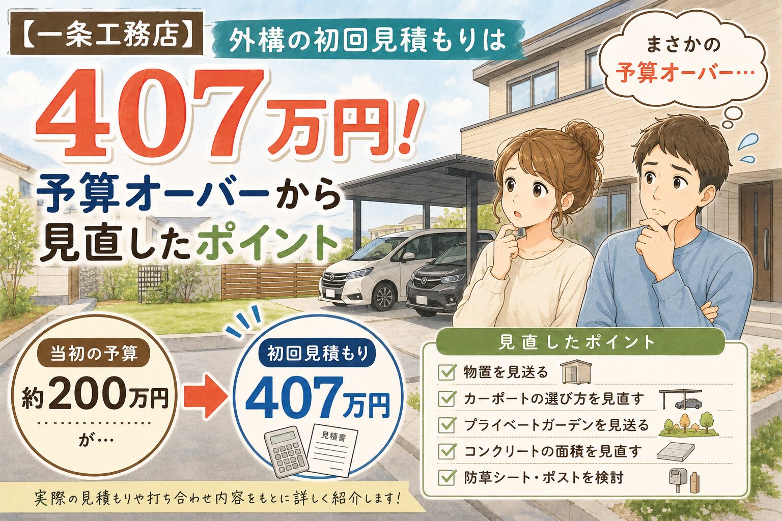 一条工務店の外構初回見積もり407万円から予算オーバーを見直したポイントを紹介するアイキャッチイラスト
