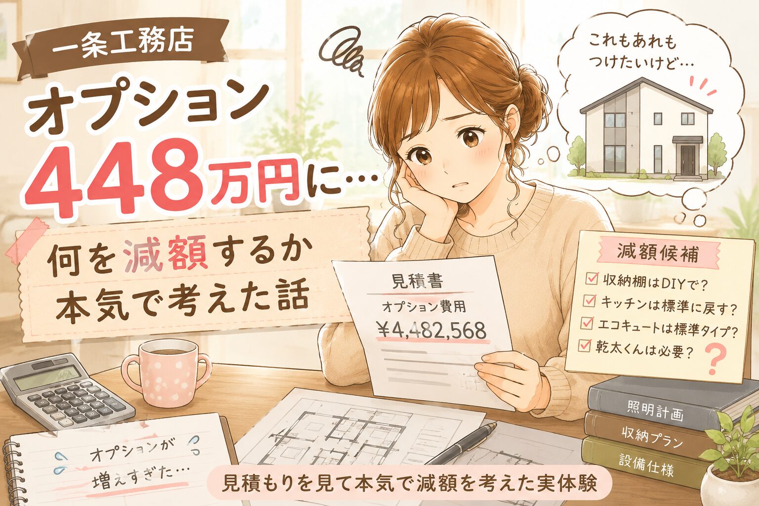 一条工務店のオプション費用448万円の見積もりを見て減額を考える女性のイラスト